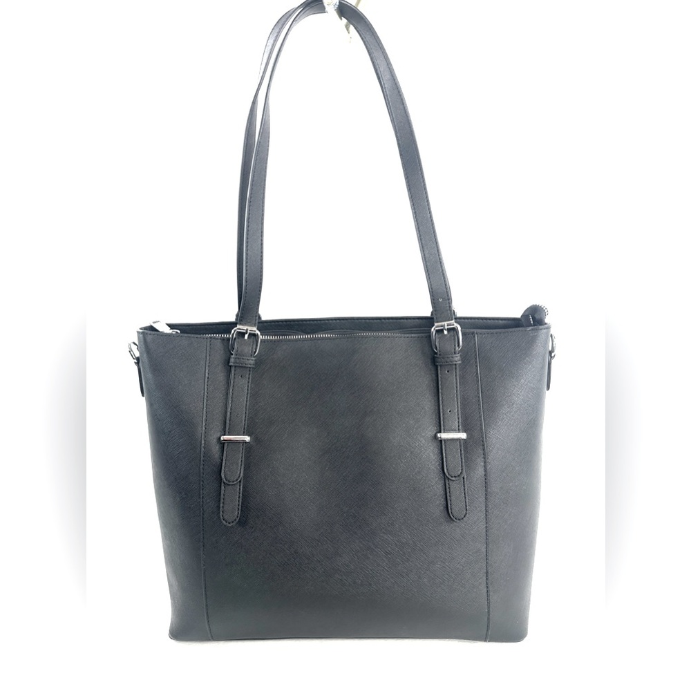 Enmain Black Saffiano Leather Large Tote Bag Belted Buckles Business Travel